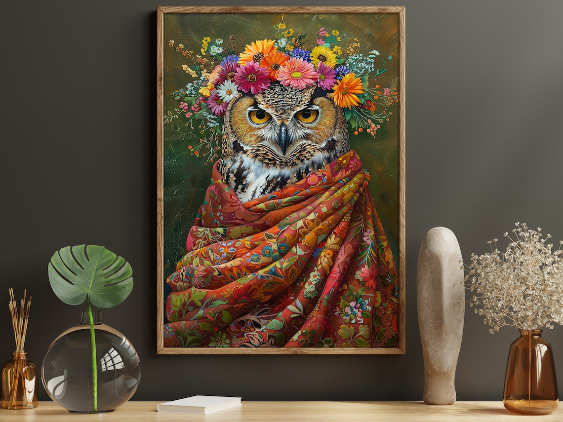 Matisse-Inspired Floral Owl, Vintage Animal Poster