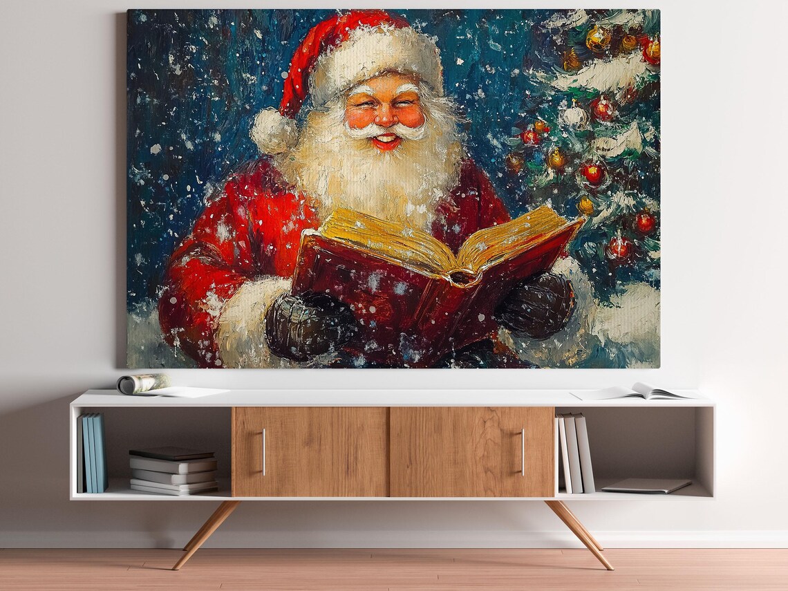 Laughing Santa Claus Holding Open Book Snowy Christmas Tree Vintage Art Poster - Image 5
