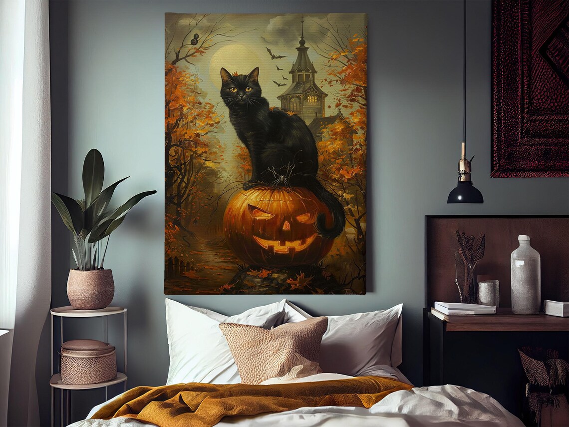 Vintage Black Cat and Pumpkin Halloween Poster - Image 4
