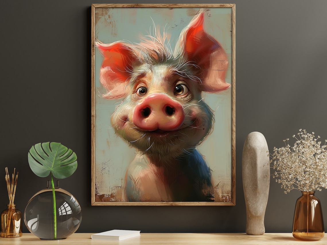 Funny Pig Oil Painting Art Print, Farmhouse Wall Art