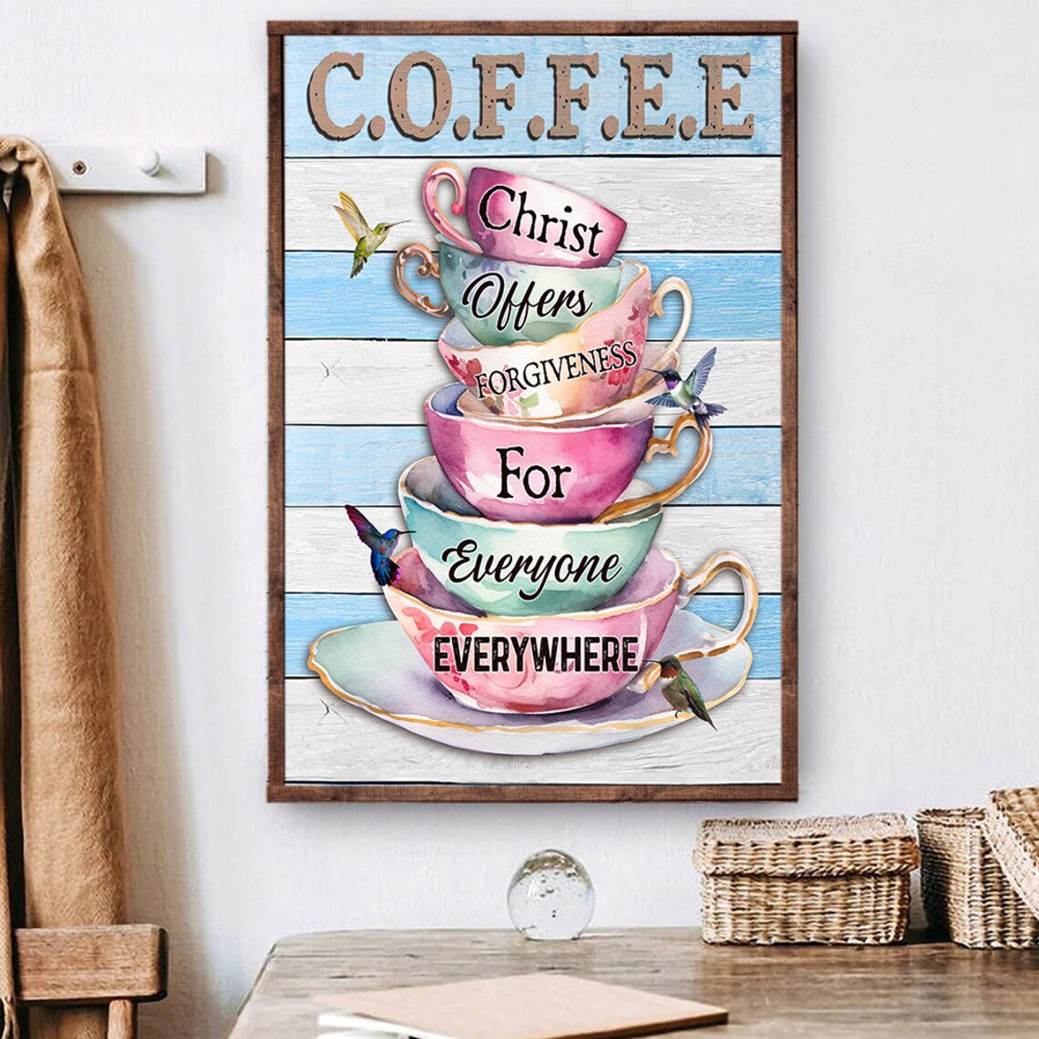 Coffee Christ Offers Forgiveness For Everyone Cup Stack Kitchen Faith Poster - Image 4