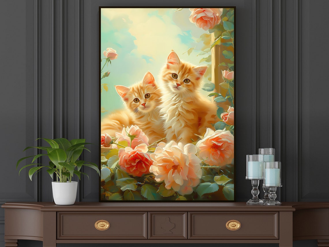 Two Cream Kittens Among Peach Roses At Window Cat Art Poster - Image 4