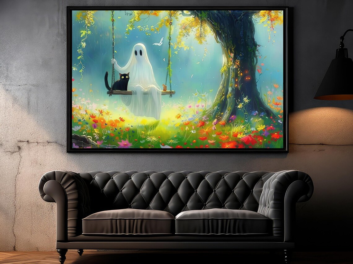 Sweet Ghost on Tree Swing with Black Cat in Sunny Flower Meadow Poster - Image 5