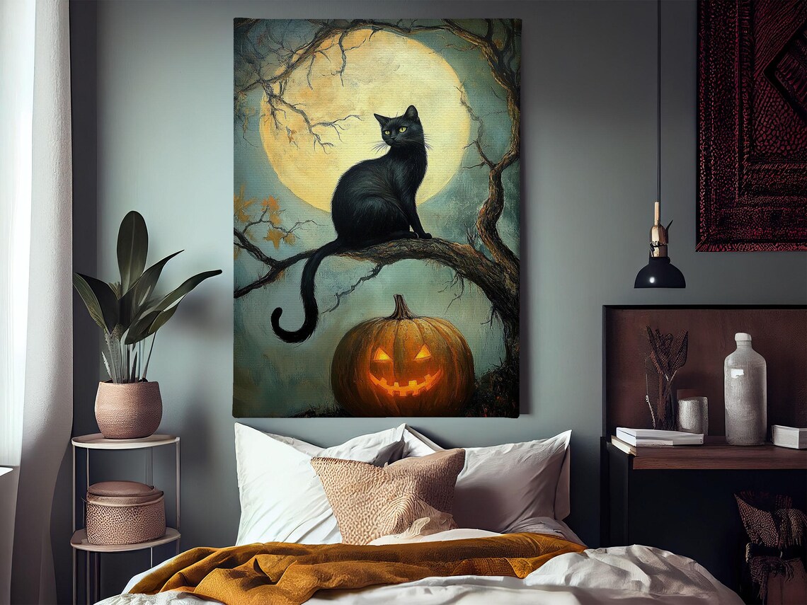 Vintage Black Cat And Moon Halloween Poster, Pumpkin Decor - Image 4