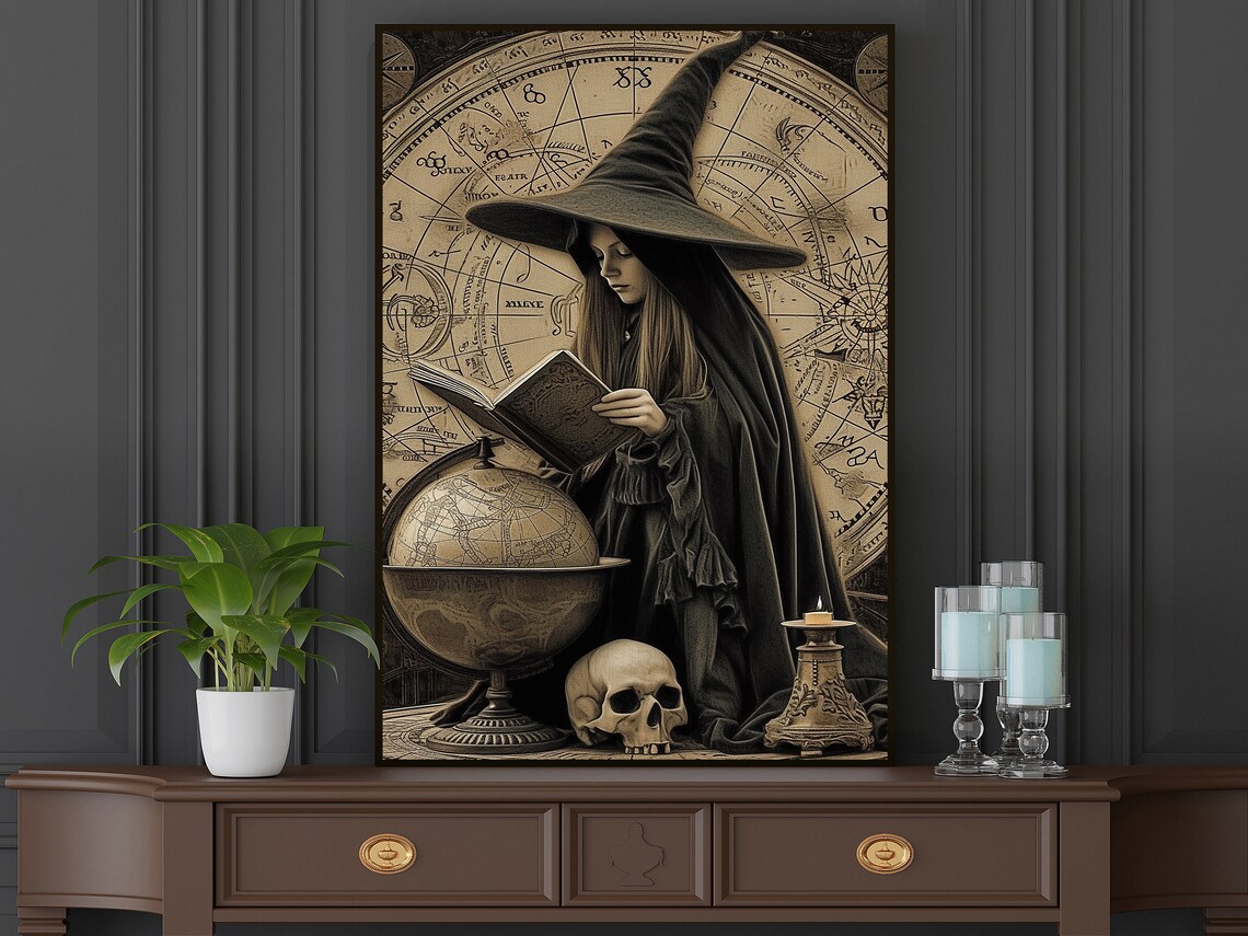 Vintage Witch Reading Spell Book With Skull Astrology Dark Art Poster - Image 4