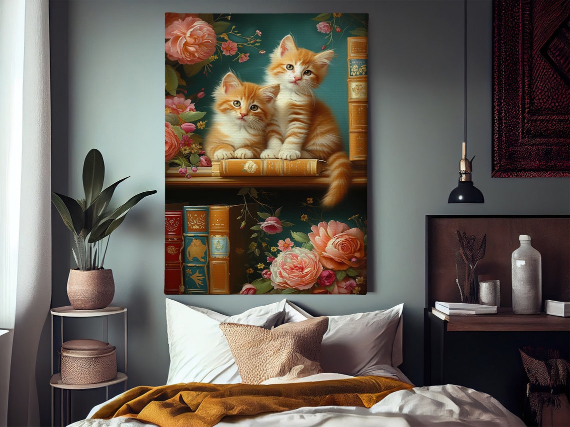 Two Orange Kittens On Bookshelf With Books And Roses Cat Wall Poster - Image 3