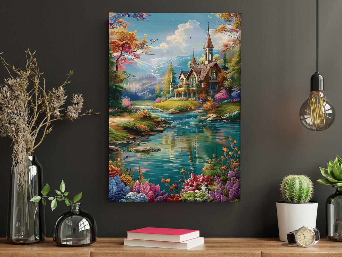 Storybook Cottage By Turquoise River Mountain Garden Fantasy Poster - Image 4