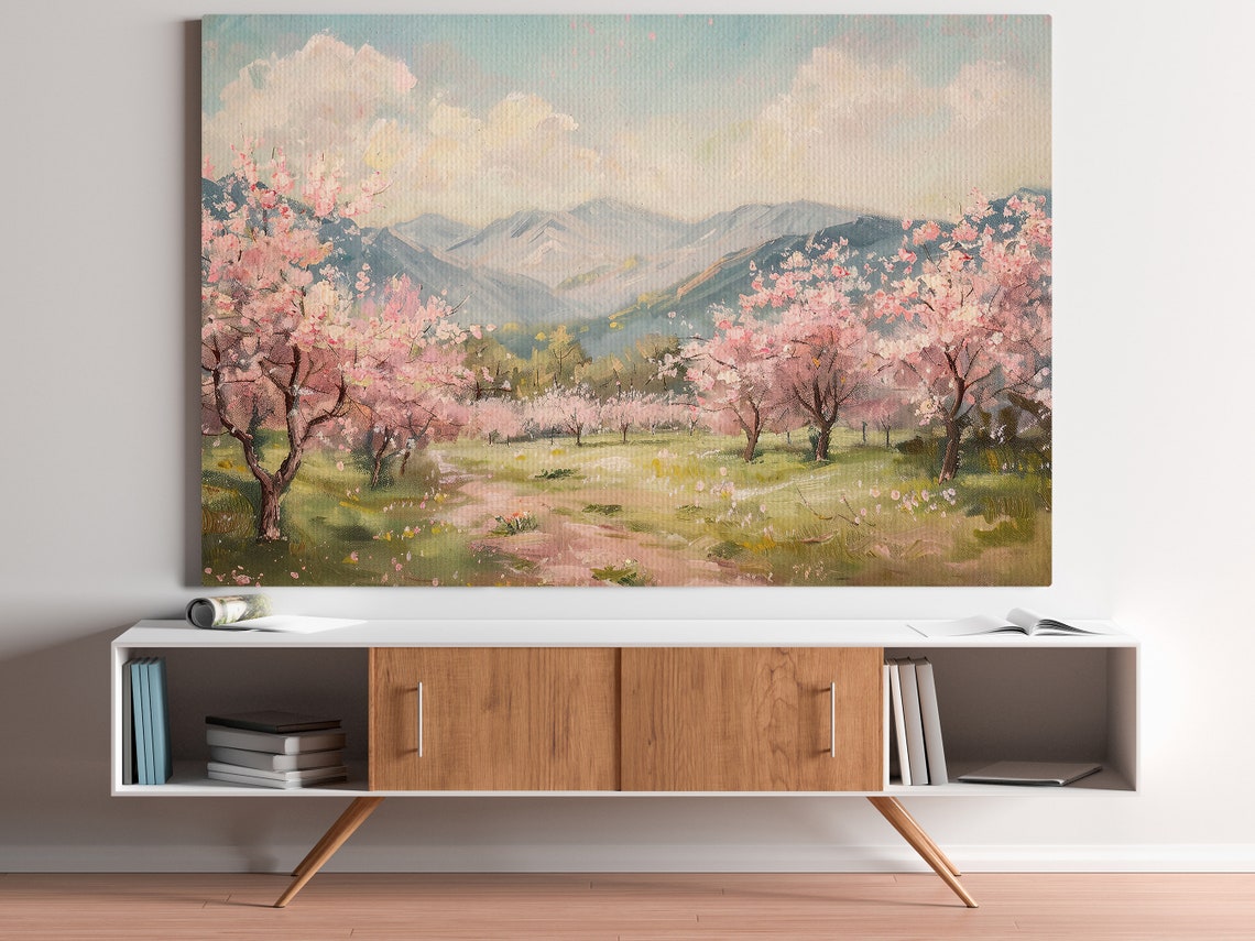 Cherry Blossom Orchard In Spring With Mountains Landscape Art Poster - Image 2