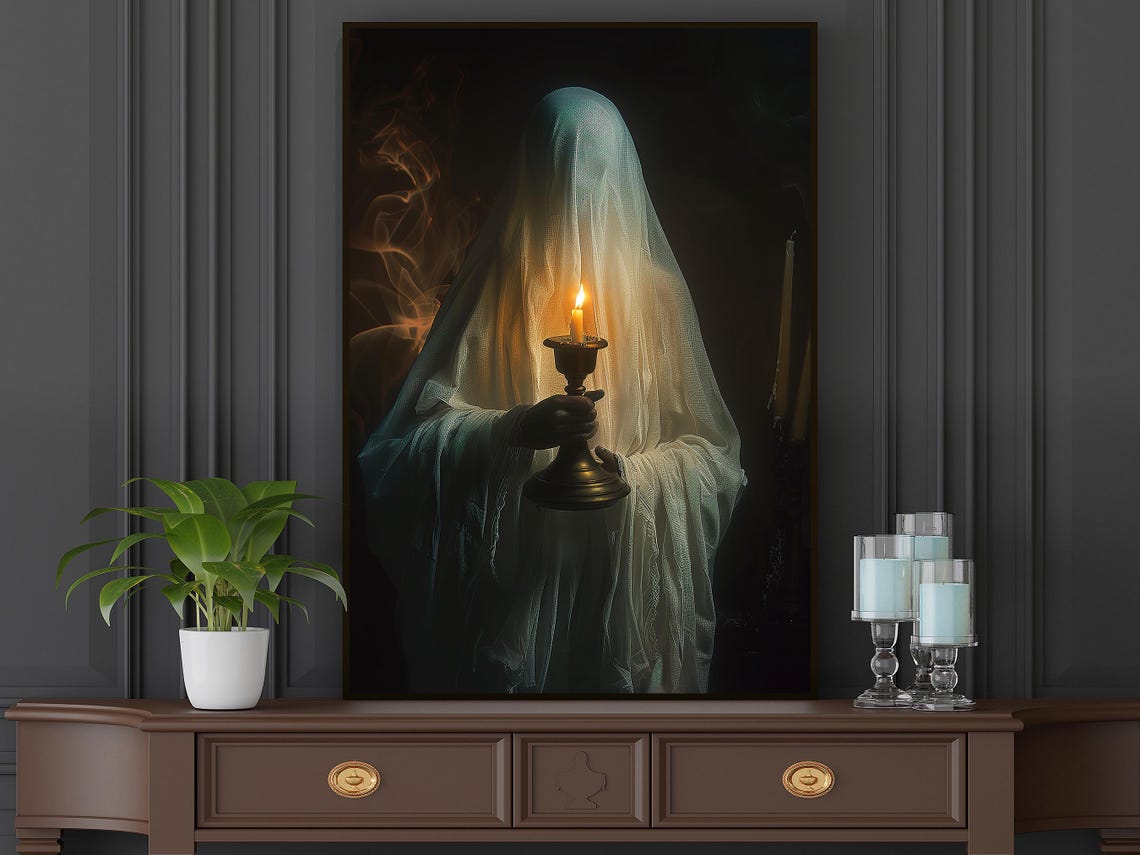 Veiled Ghost Holding Candle Dark Elegant Spooky Halloween Wall Art - Image 4