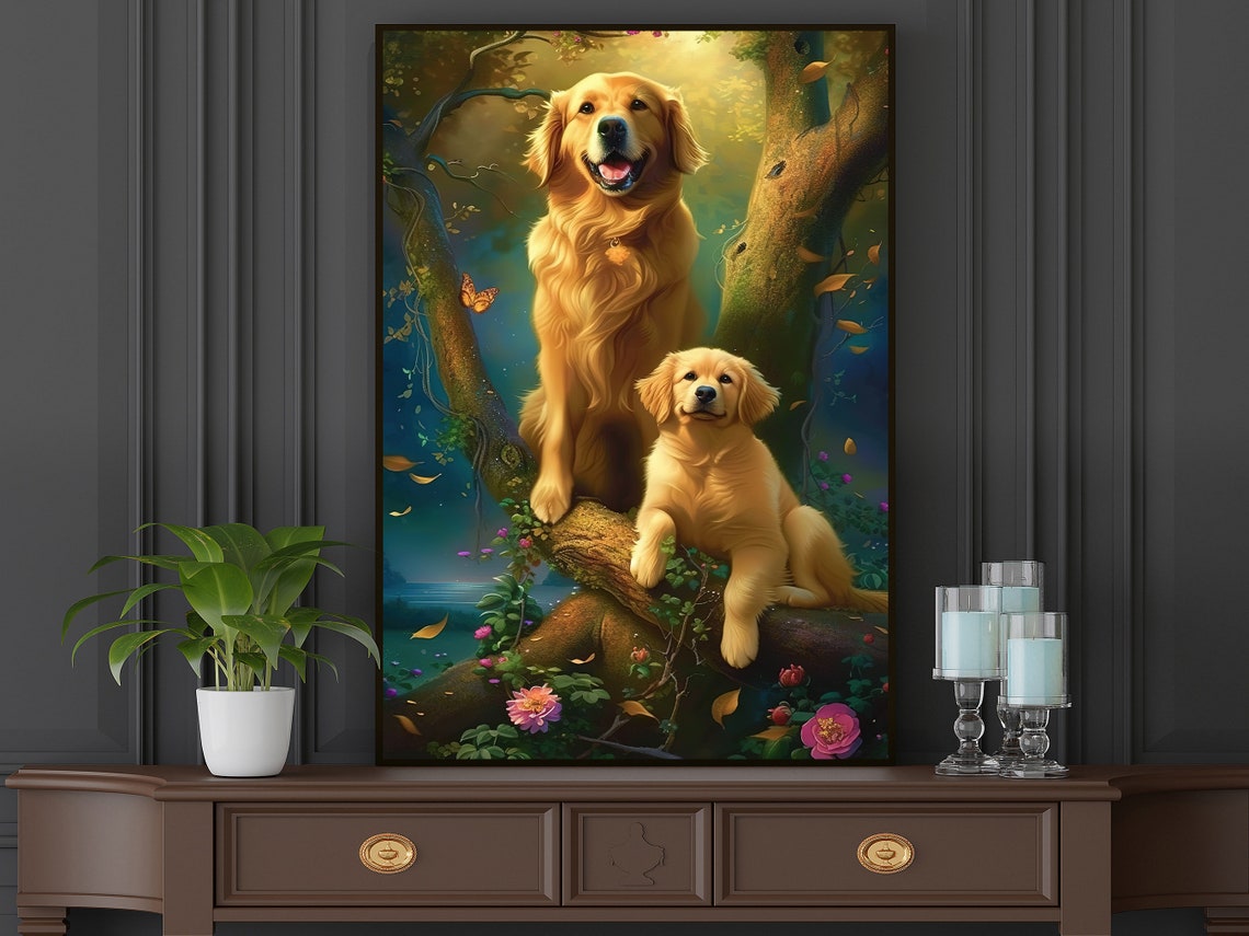 Golden Dog Mother And Child Oil Painting Dog Print Dog Print Flowers Poster Print Pet Wall Art Dog Lovers Gift - Image 3
