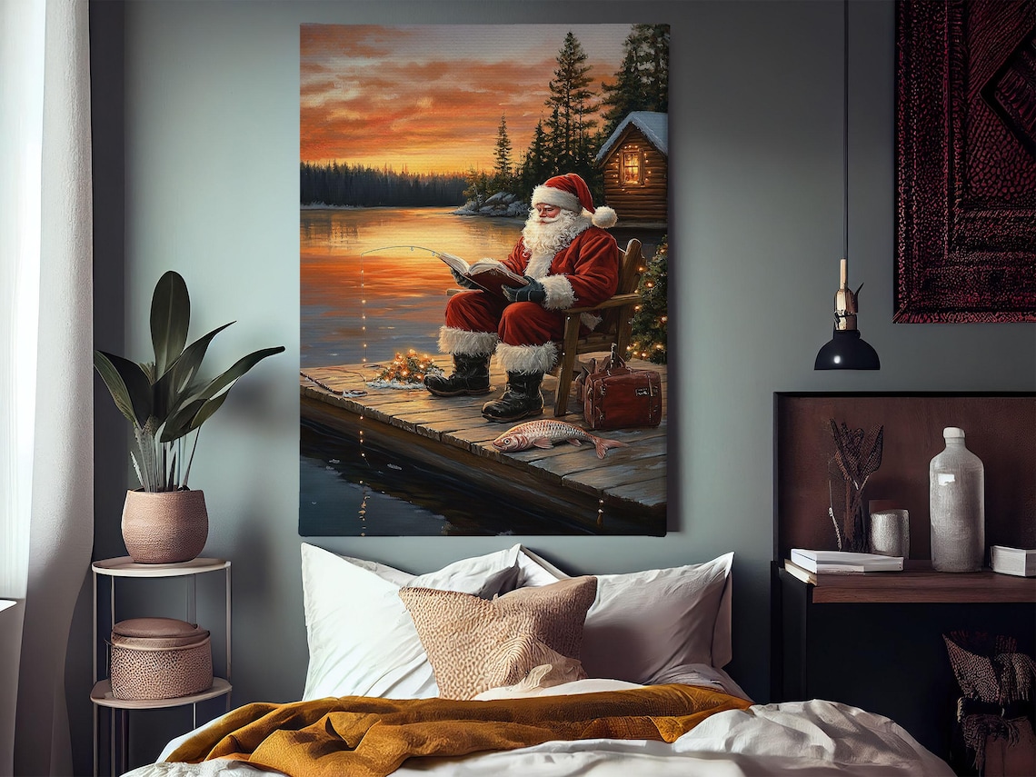 Vintage Santa Reading And Fishing Christmas Art Print - Image 3