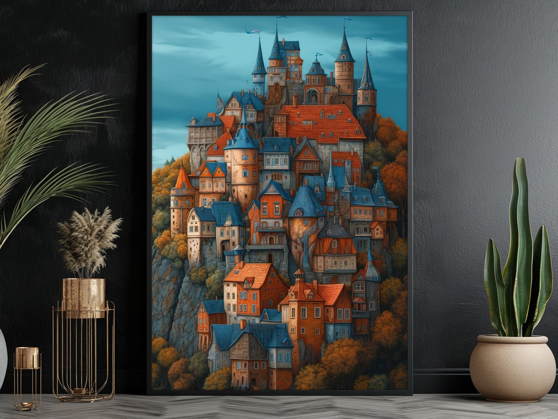 Whimsical Fairytale Castle Hilltop Town Medieval Fantasy Art Poster - Image 4