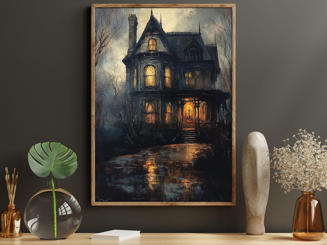 Victorian Haunted Mansion Night Glowing Amber Windows Misty Water Reflection Poster - Image 6