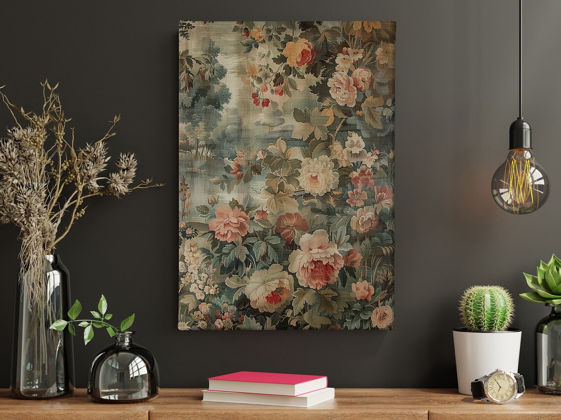 Vintage Floral Tapestry Peonies Roses Muted Sage Garden Wall Art Print - Image 3