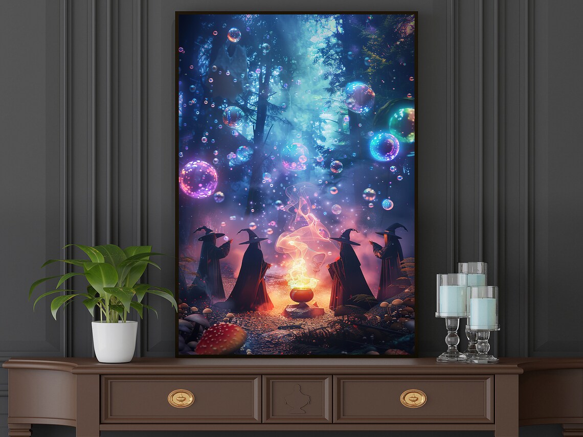 Witches Cauldron Night Forest Glowing Bubbles Magical Coven Halloween Art Print - Image 5