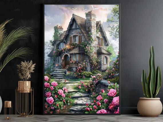Vintage Country House Oil Painting Dreamy House Art Print Castle Print Flowers Wall Art