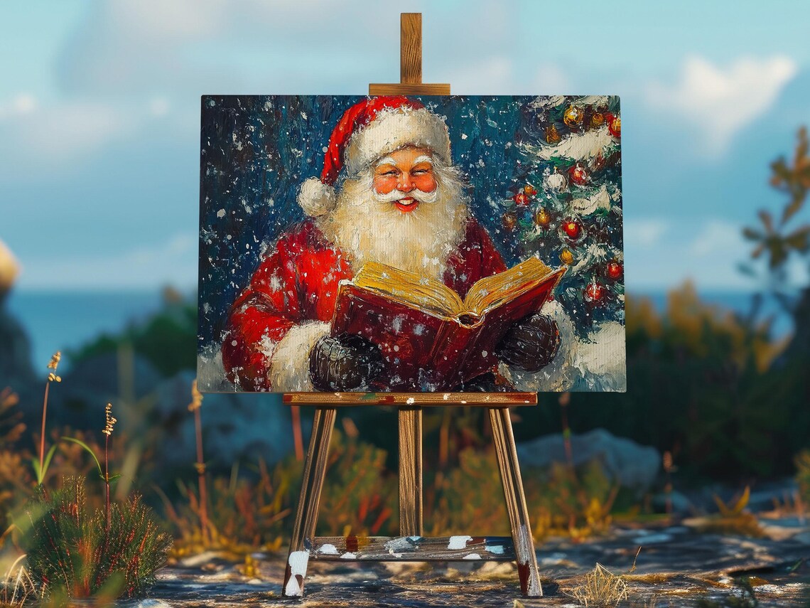 Laughing Santa Claus Holding Open Book Snowy Christmas Tree Vintage Art Poster - Image 2