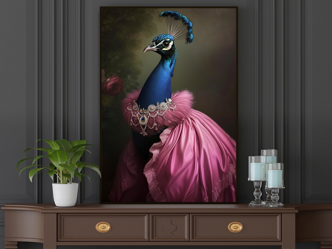 Peacock Lady In Pink Satin Gown With Jewelry Elegant Bird Art Poster - Image 4