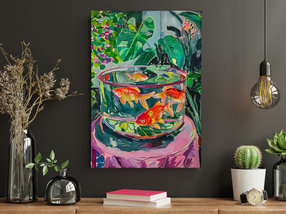 Goldfish In Glass Tank Colorful Tropical Leaves Still Life Art Poster - Image 5
