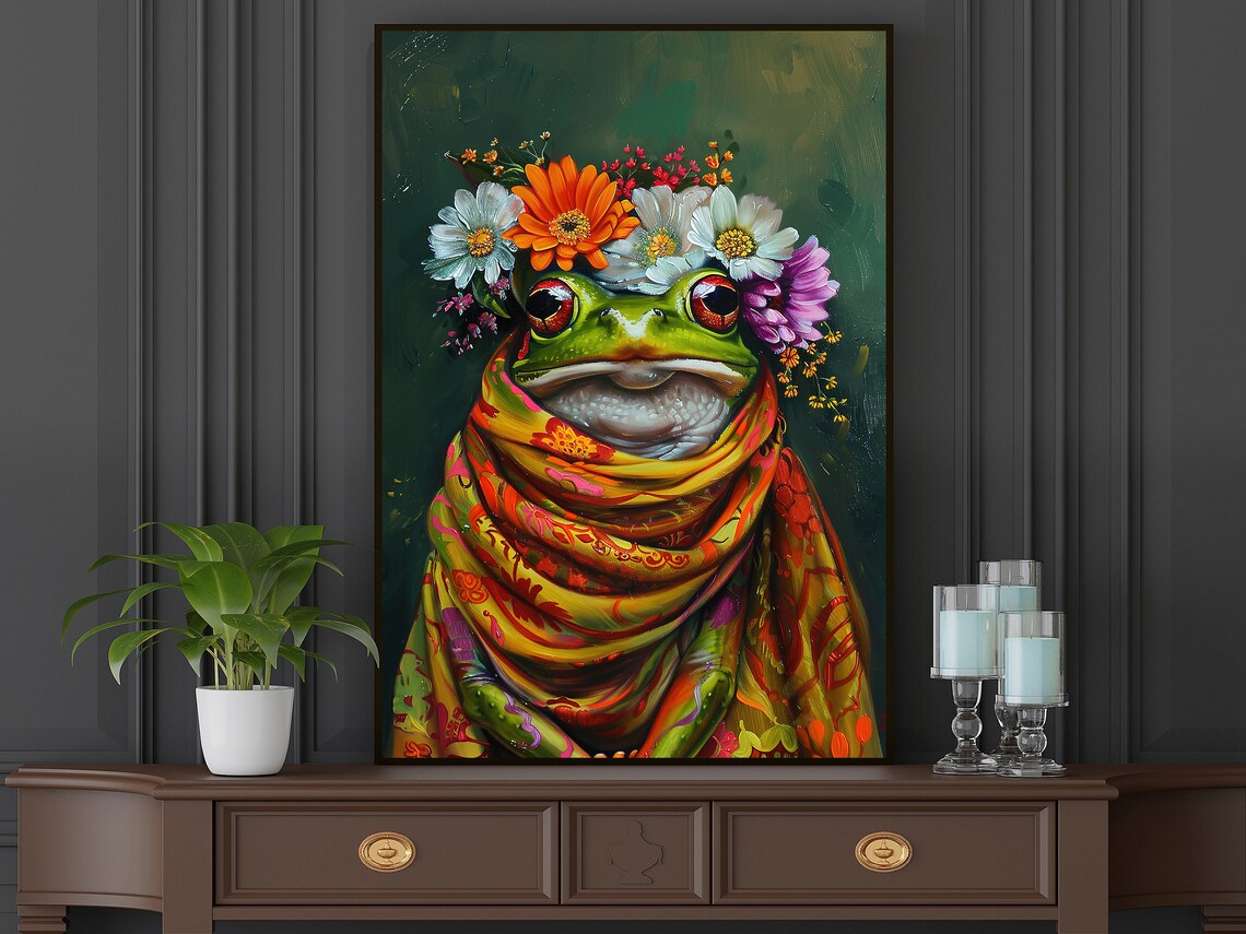 Green Frog Flower Crown Colorful Scarf Whimsical Animal Art Poster - Image 4