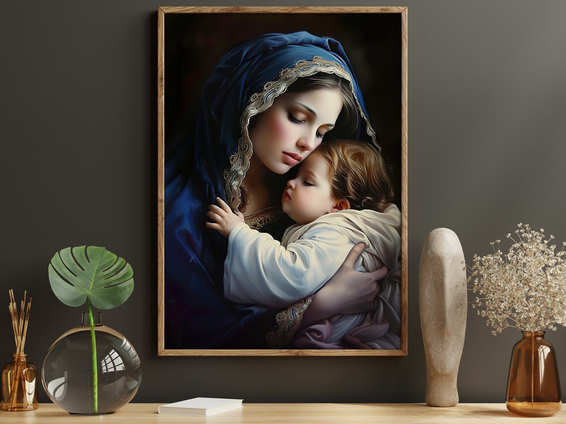 Virgin Mary Embracing Baby Jesus Blue Veil Devotional Art Poster - Image 2