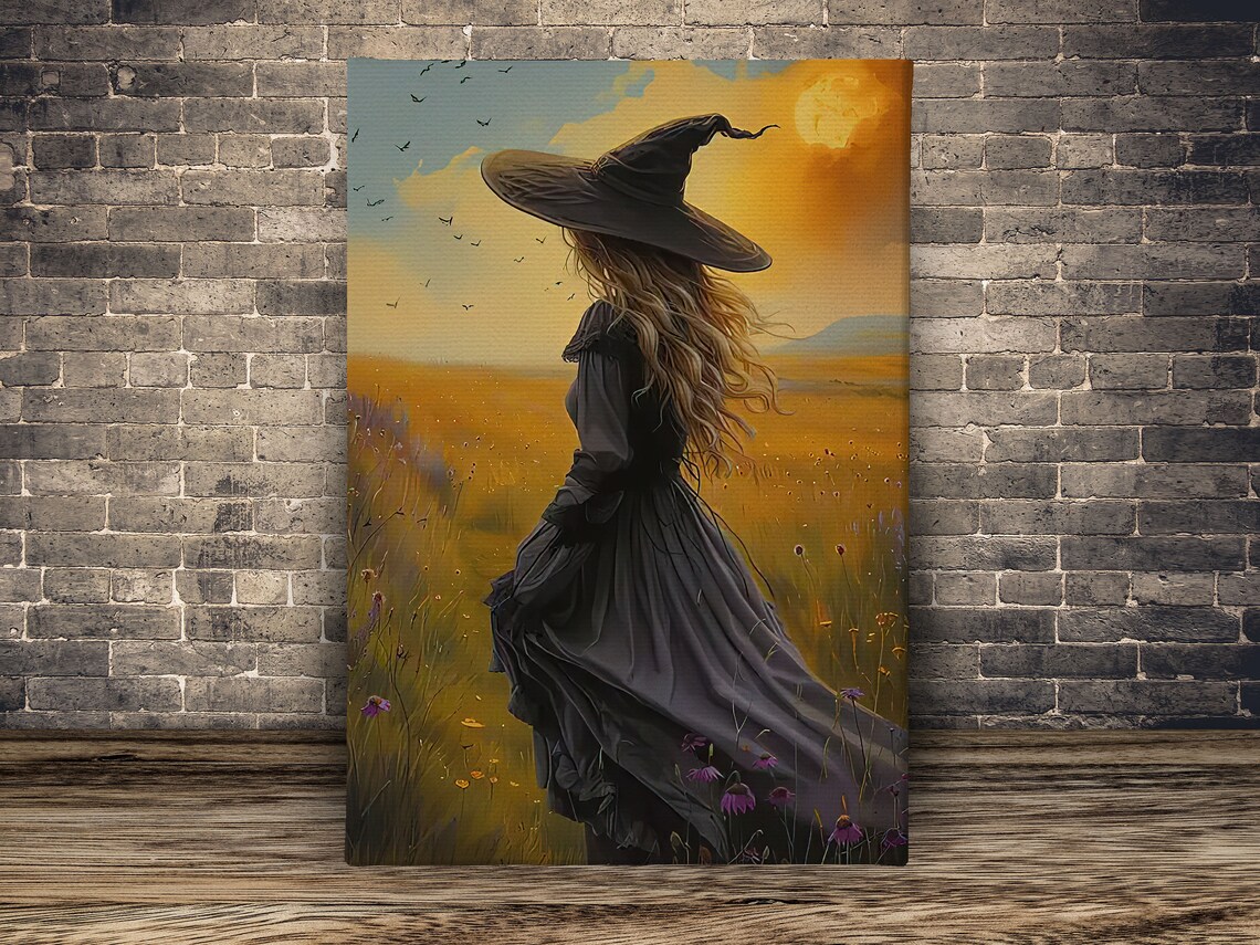 Witch In Golden Wildflower Meadow Sunset Back View Witchy Fantasy Poster - Image 2