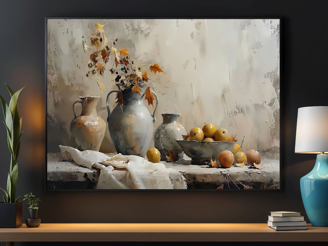 Autumn Still Life With Vases Yellow Pears Fall Leaves Muted Art Poster