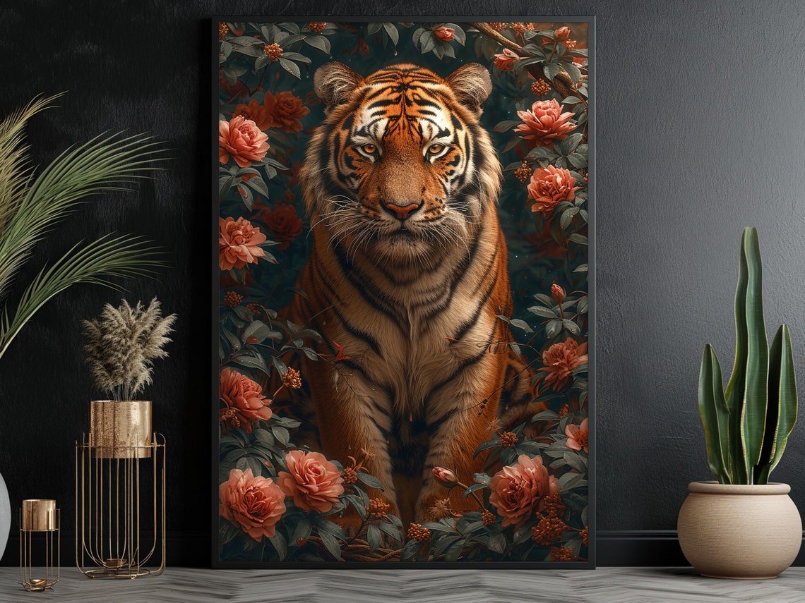 Vintage Tiger In Flowers Garden Painting Cottage Tiger Print Tiger Print Animal Poster Print Wild Animal Wall Art - Image 4