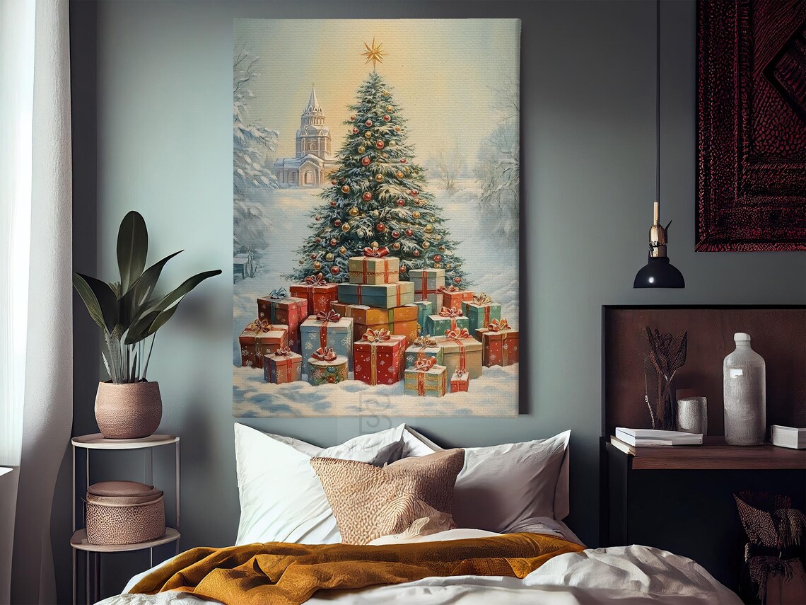 Village Christmas Tree With Church Gifts And Snowy Golden Star Poster - Image 3