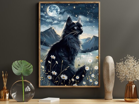 Black Cat Full Moon Night Meadow Daisies Stars Dreamy Animal Art Wall Poster