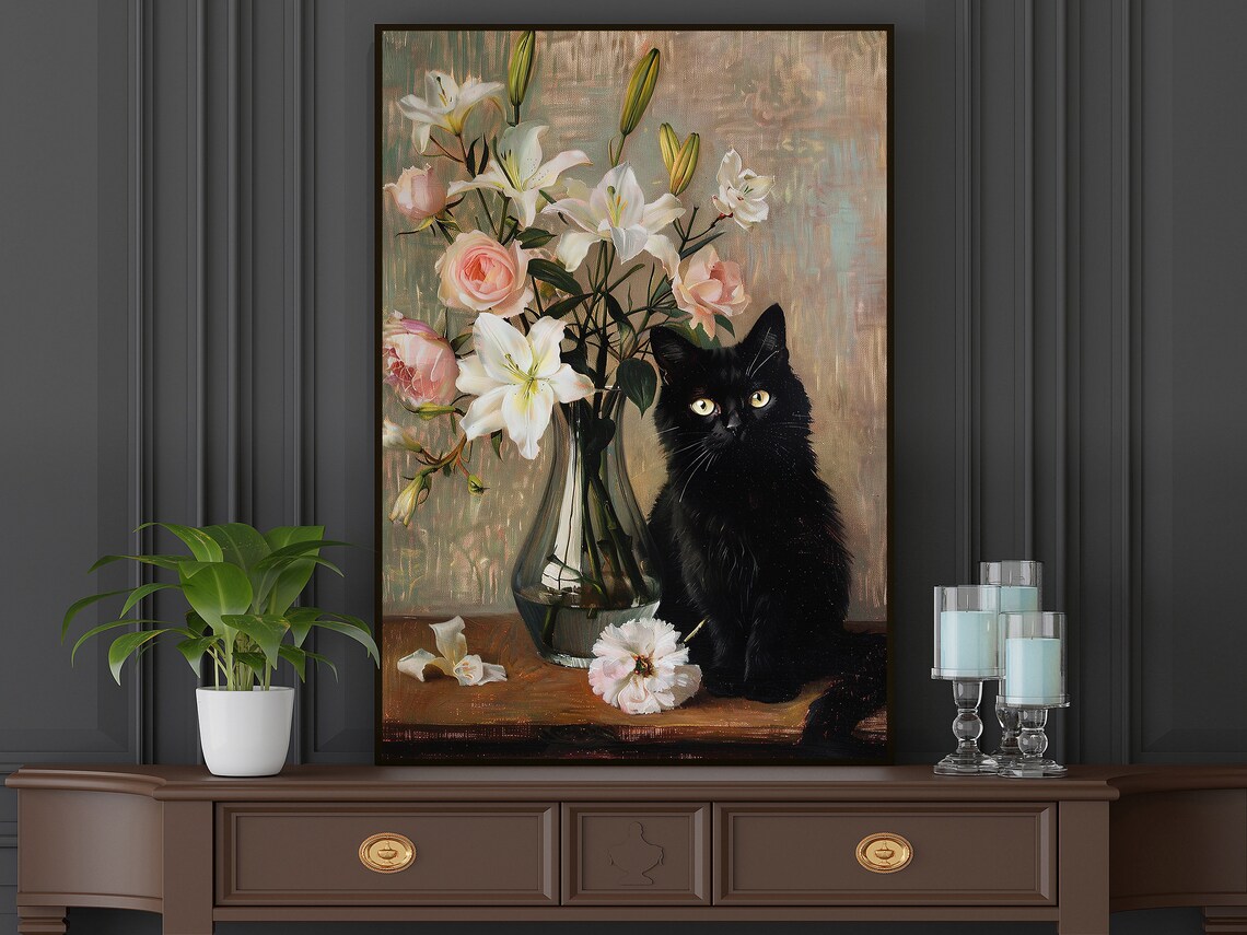Vintage Black Cat and Flowers Vase Cottage Art Print - Image 5