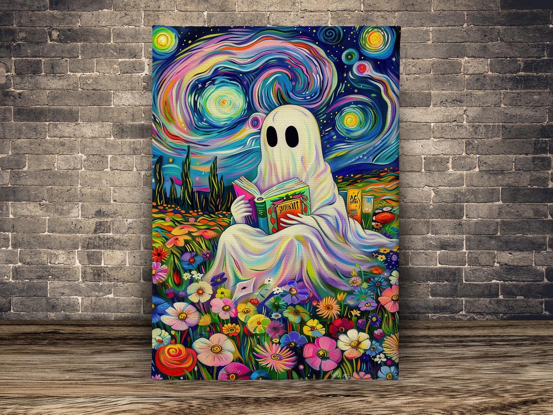 Starry Night Style Ghost Reading Book Among Flowers Colorful Poster - Image 2