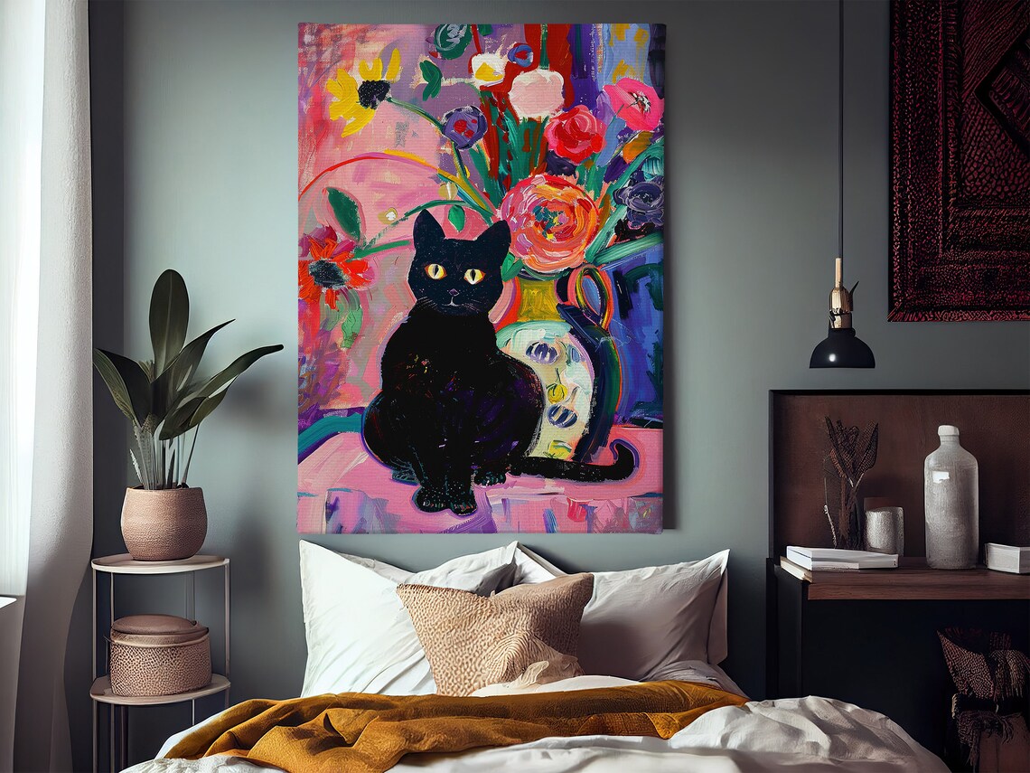 Matisse-Inspired Black Cat and Flowers Art Print - Image 2