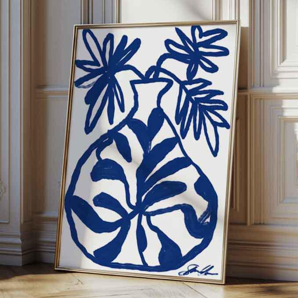 Blue Abstract Vase Art Print, Mid-Century Boho