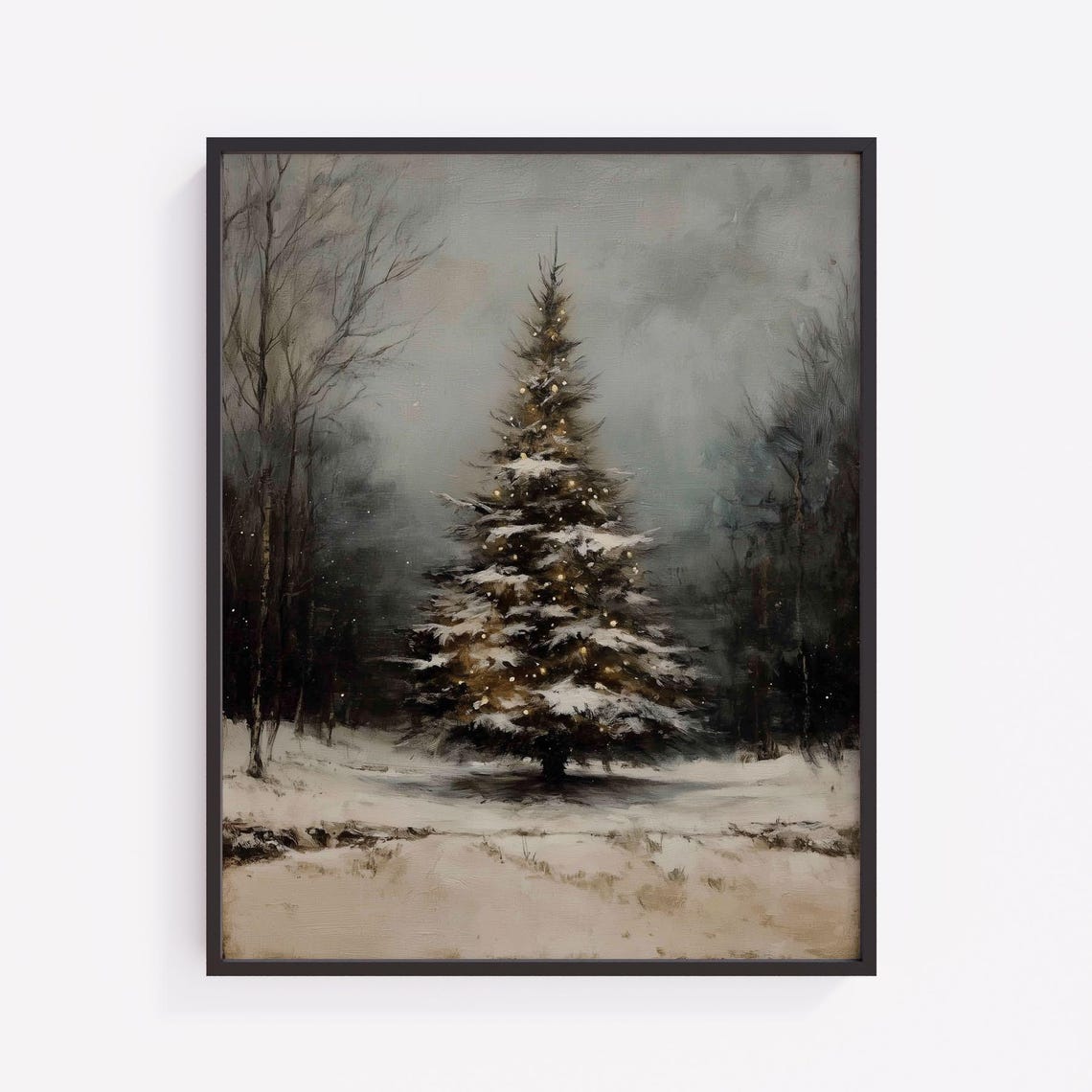 Snowy Christmas Tree Warm Lights Misty Winter Forest Cozy Art Poster