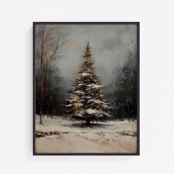Vintage Christmas Tree With Snow Moody Winter Forest Scene Neutral Rustic Holiday Wall Art Festive Painting 439