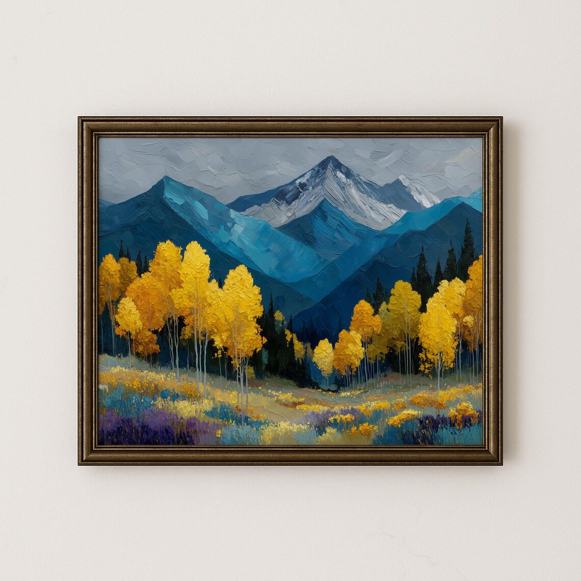 Autumn Aspens Golden Meadow Blue Mountains Oil Painting Poster
