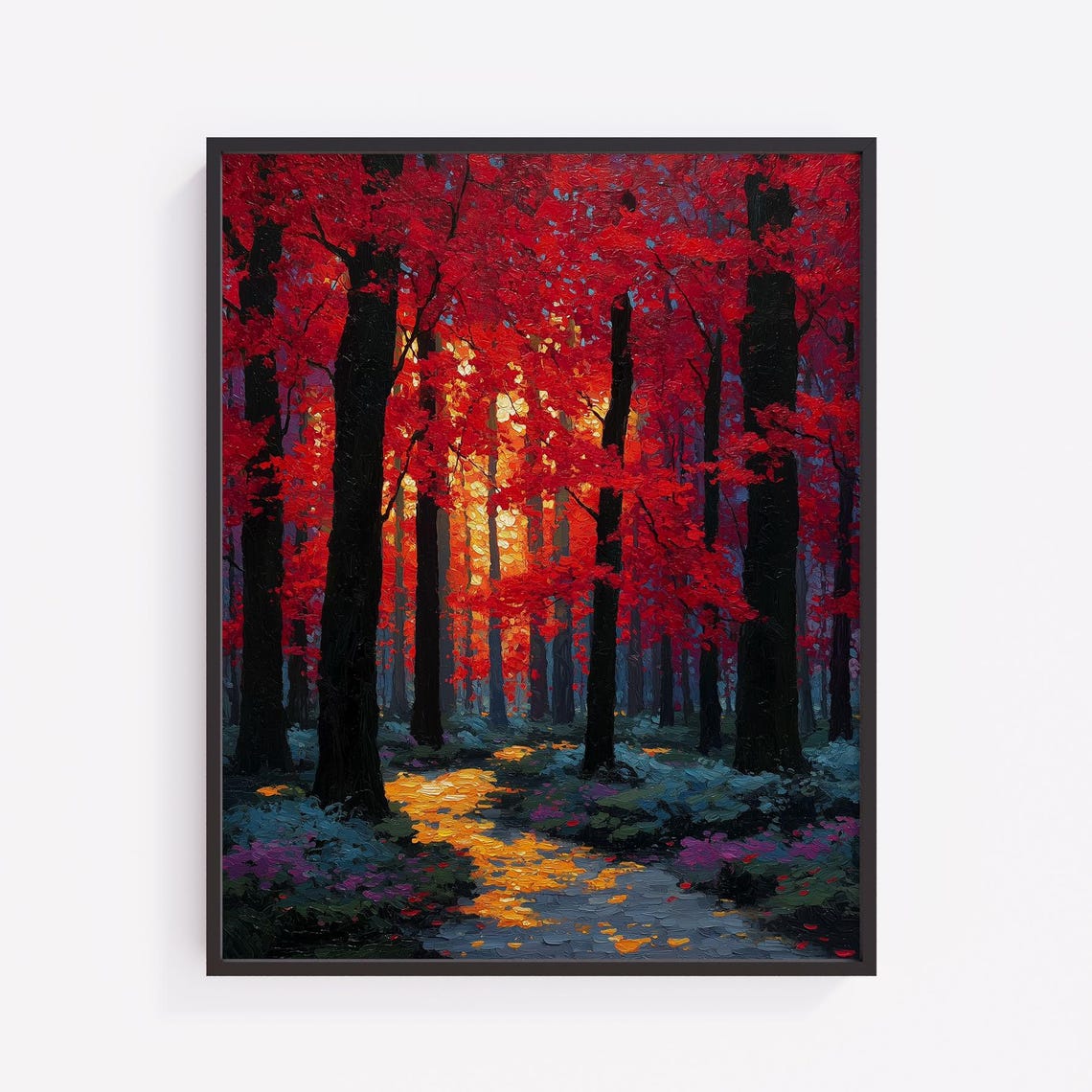 Vibrant Red Autumn Forest Impasto Oil Glowing Path Moody Fall Poster