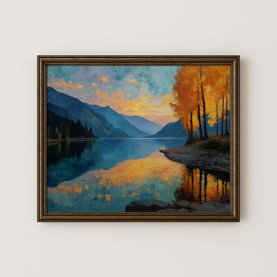 Autumn Lakeside Mountain Art Print Vintage Fall Landscape H7
