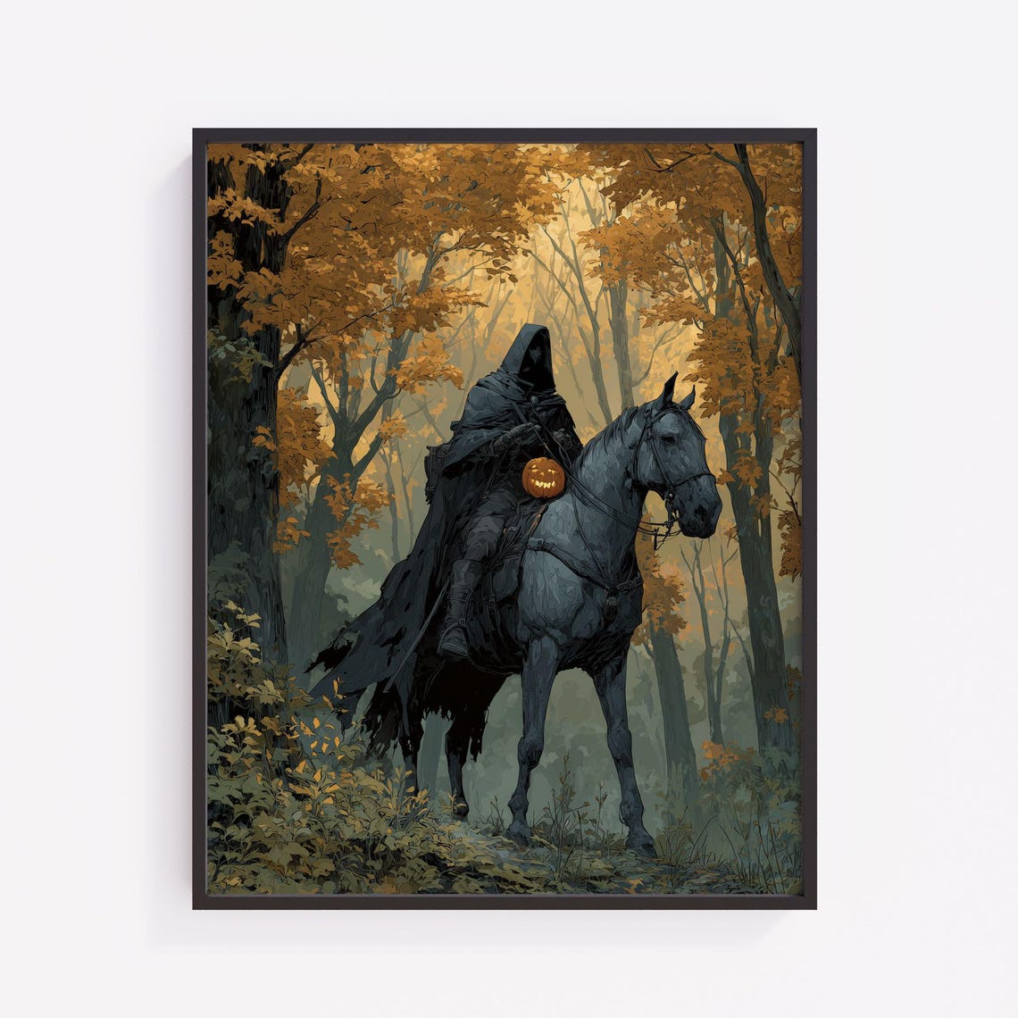 Headless Horseman Autumn Forest Horseback Spooky Fall Night Art Poster