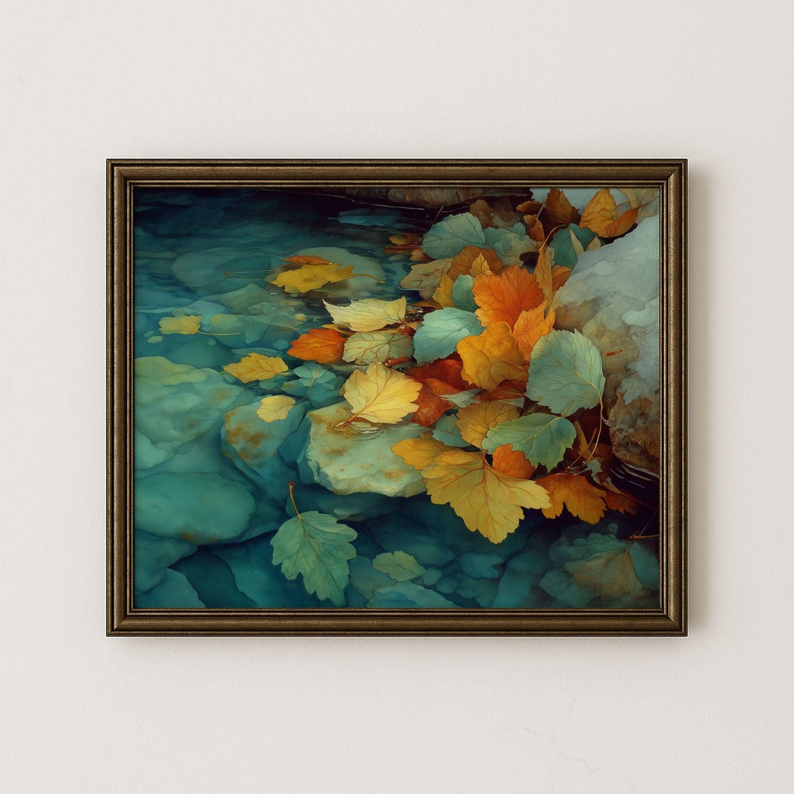 Autumn Leaves Floating on Teal Stream Watercolor Fall Nature Art Print