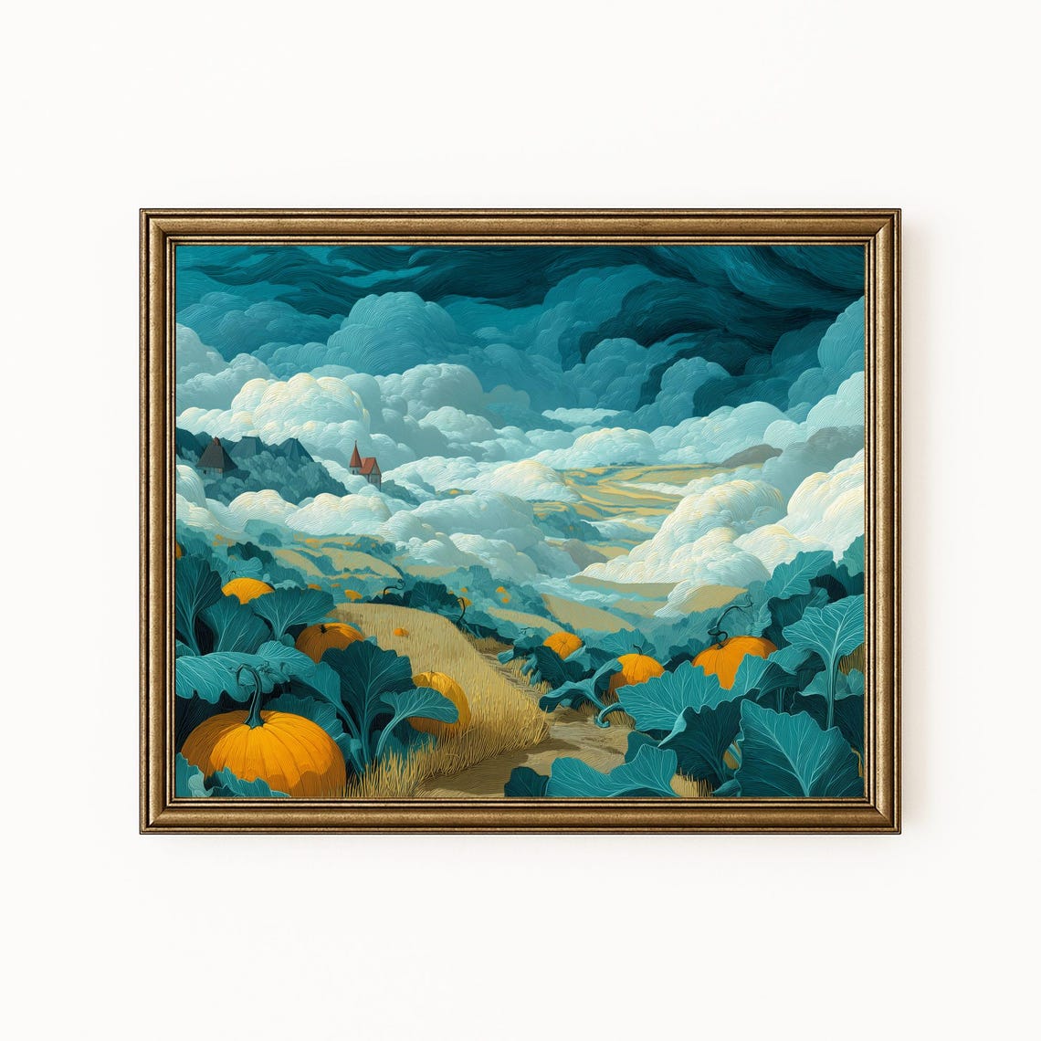 Richly Painted Autumn Pumpkin Patch Under Dramatic Teal Clouds Poster