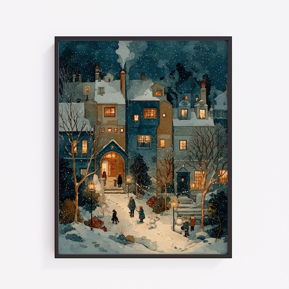 Vintage Winter Village Street Scene Snowy Night Cozy Festive Decor Moody Painting Warmly Lit Homes 463