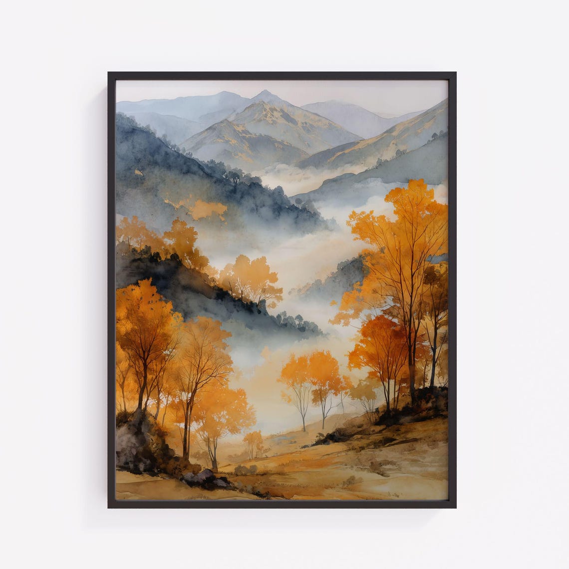 Autumn Mountains Misty Golden Forest Watercolor Landscape Poster