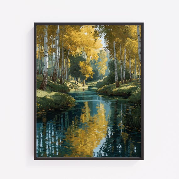 Rustic Autumn Birch Tree Pond Landscape Art Print