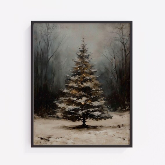 Snowy Christmas Tree In Misty Winter Forest Rustic Painting Poster