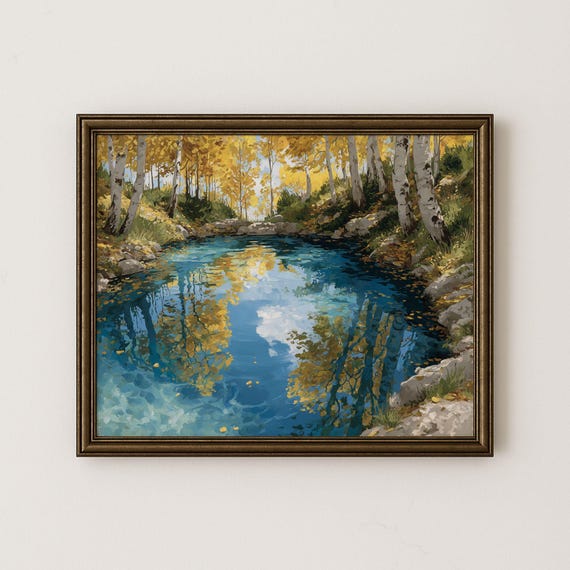 Birch Tree Pond Art Print Rustic Autumn Landscape H20