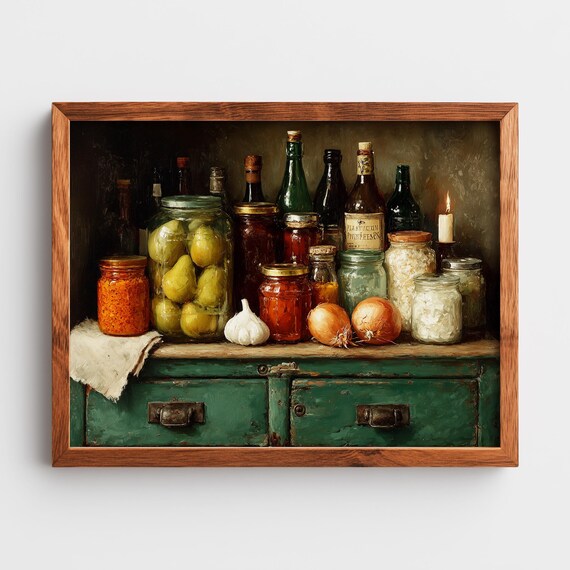 Rustic Pantry Still Life Art Farmhouse Kitchen Decor Vintage Jar Preserves Moody Earthy Painting Wall 348