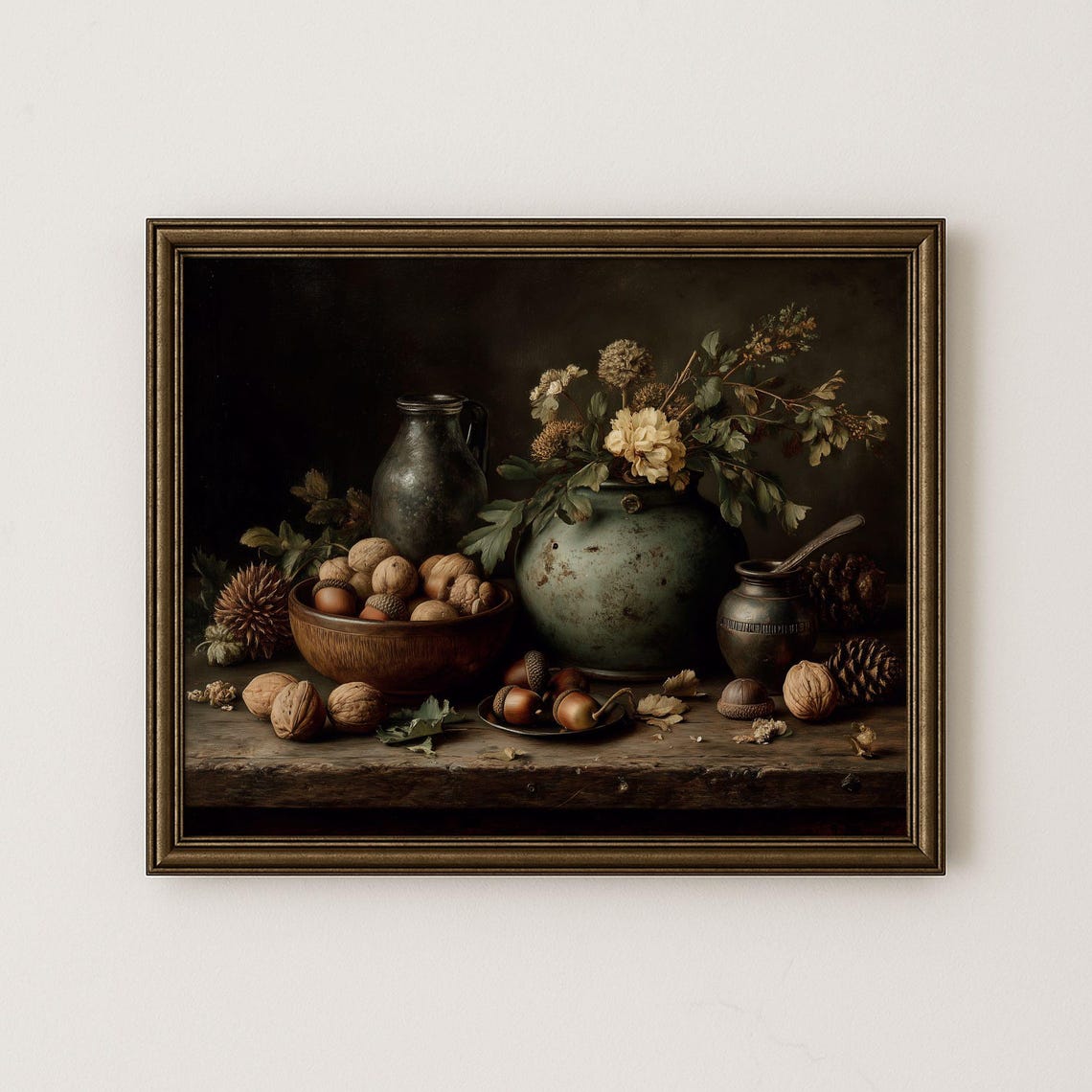 Autumn Still Life Print Acorns Pinecones Vintage Fall Decor 221