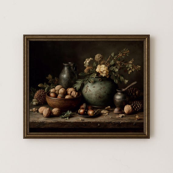 Autumn Still Life Print Acorns Pinecones Vintage Fall Decor 221